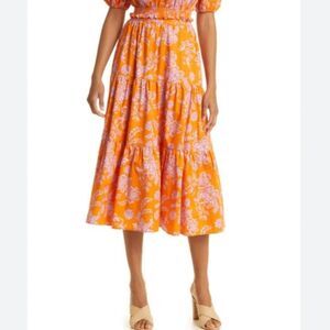 XiRENA -1918‎ Women's Angeline Tiered Poplin Midi Skirt Orange NWOT Size Large
